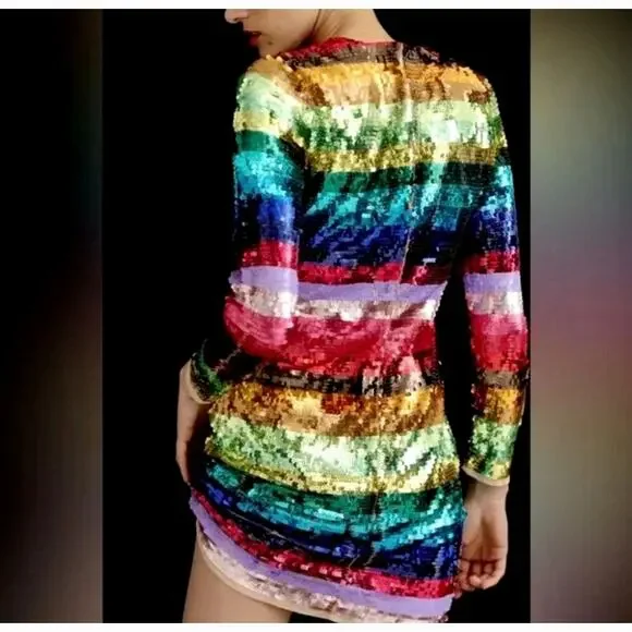 Mac Duggal Rainbow Sequin Mini Long Sleeve Dress Fun Pride size 6 - Picture 7 of 7